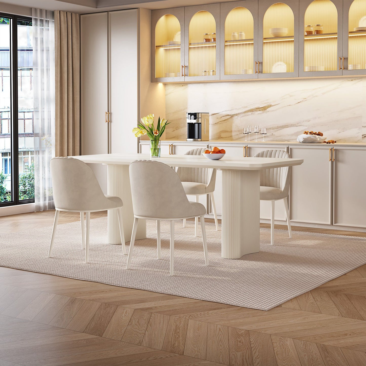 Guyii 78.97" White Rectangular Dining Table, Modern Kitchen Table