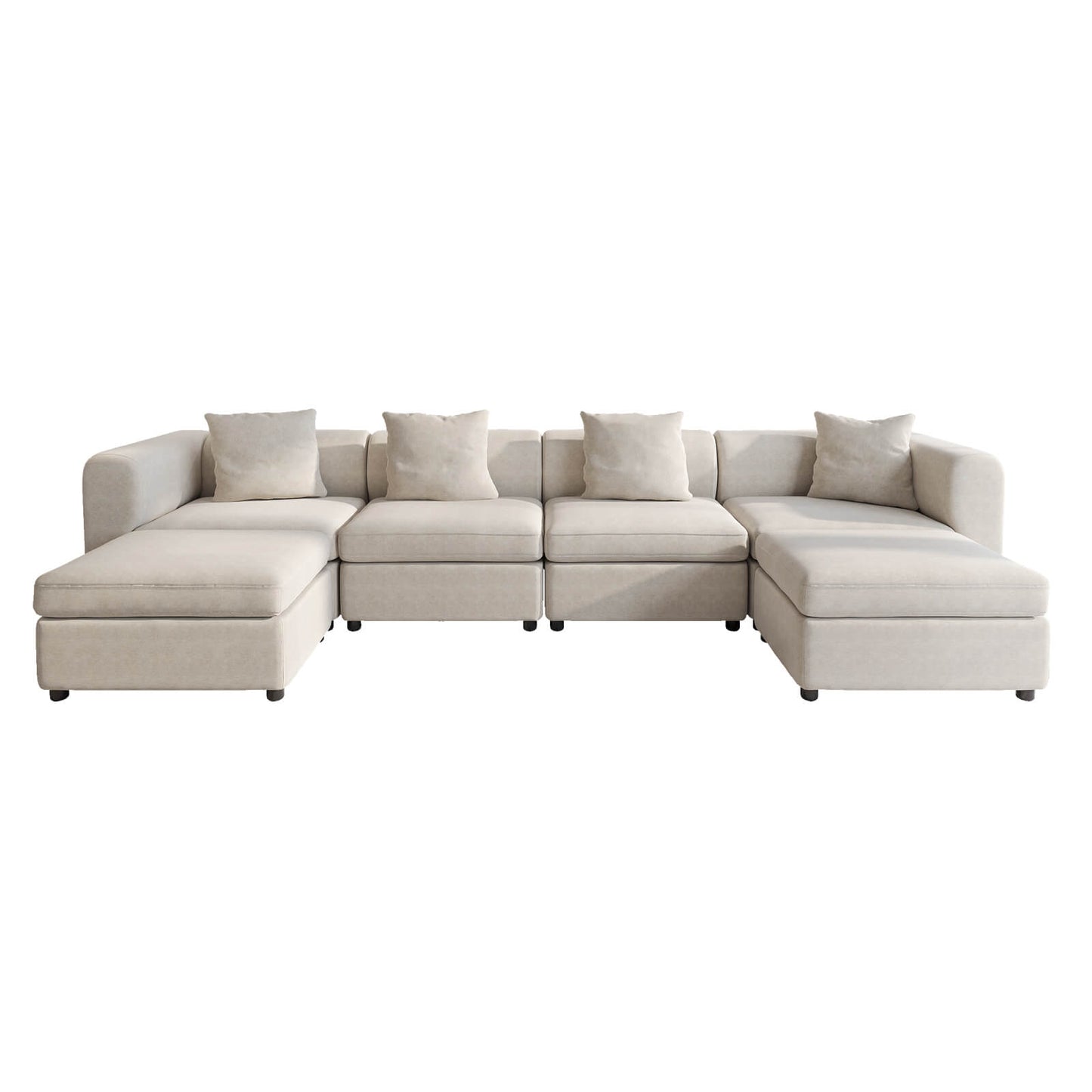 Guyii Beige Velvet Sectional Sofa, Modern Oversized 6-Seater Couch with 4 Pillows and 2 Storage Ottomans