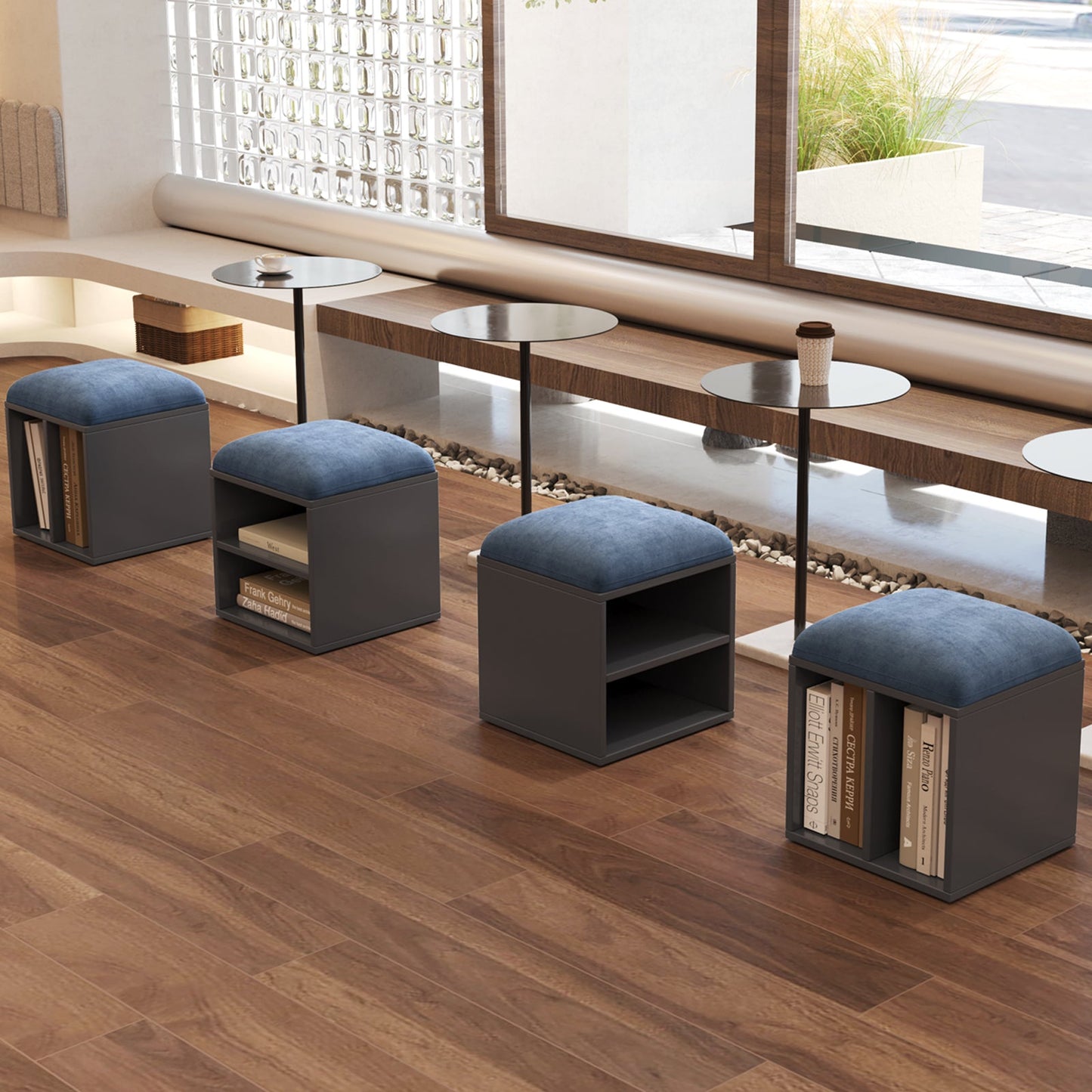 Guyii Velvet Shoe Stool with Padded Seat, Blue Entryway Stools with Storage, Multi-Functional Stool