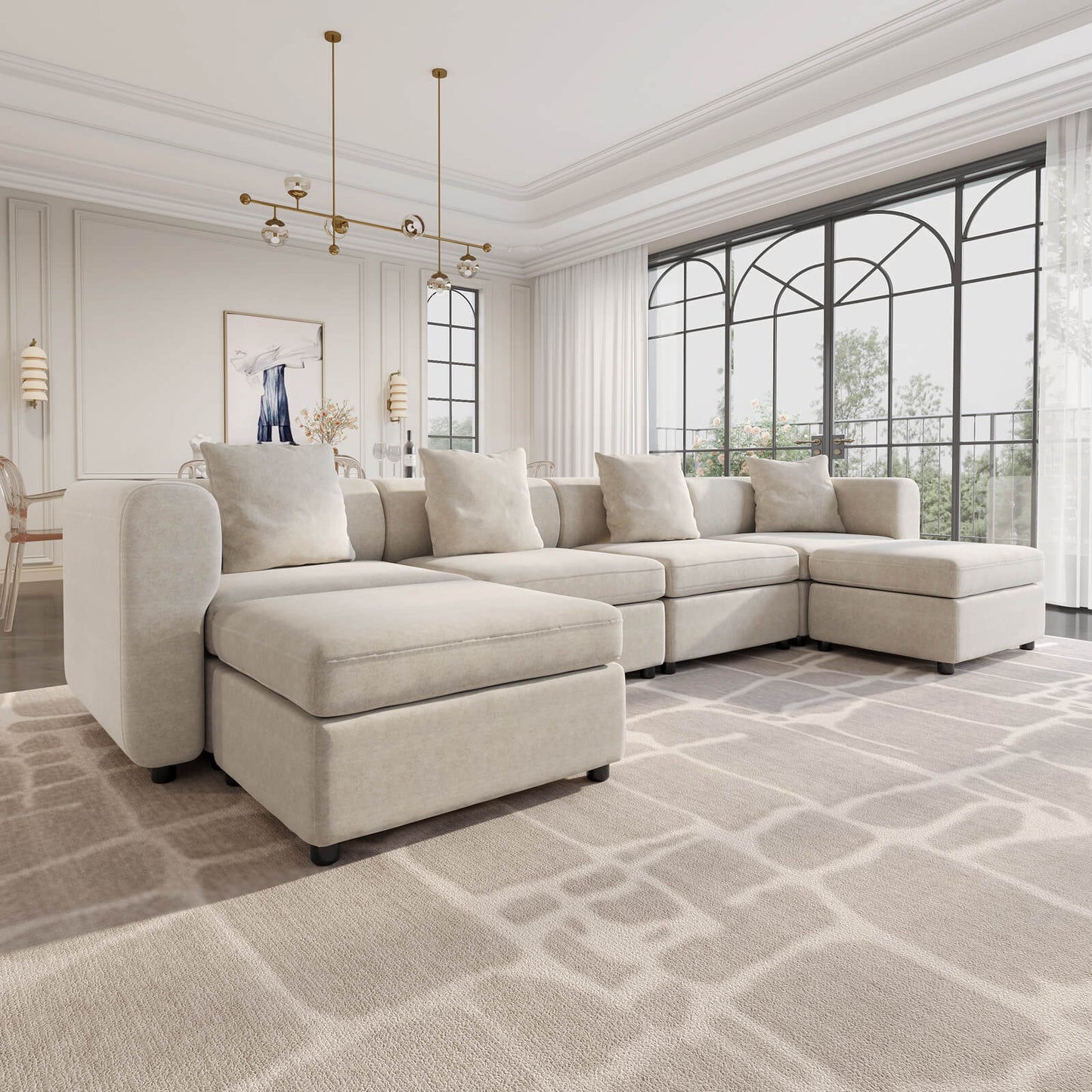 Guyii Beige Velvet Sectional Sofa, Modern Oversized 6-Seater Couch with 4 Pillows and 2 Storage Ottomans