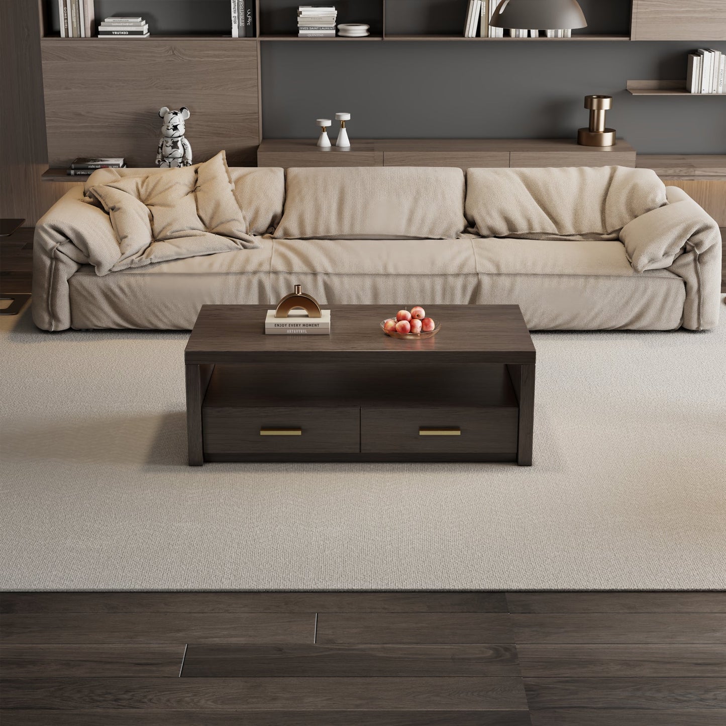 Guyii Walnut Brown Coffee Table with Storage, 47", 2 Drawers & Open Shelf