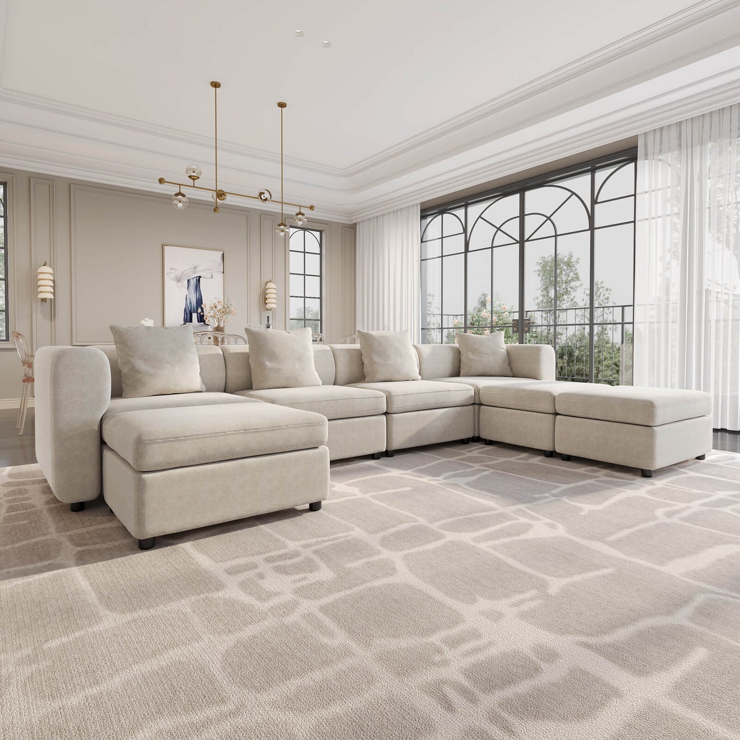 Guyii Beige Velvet Sectional Sofa, Modern Oversized 7-Seater Couch with 4 Pillows and 3 Storage Ottomans