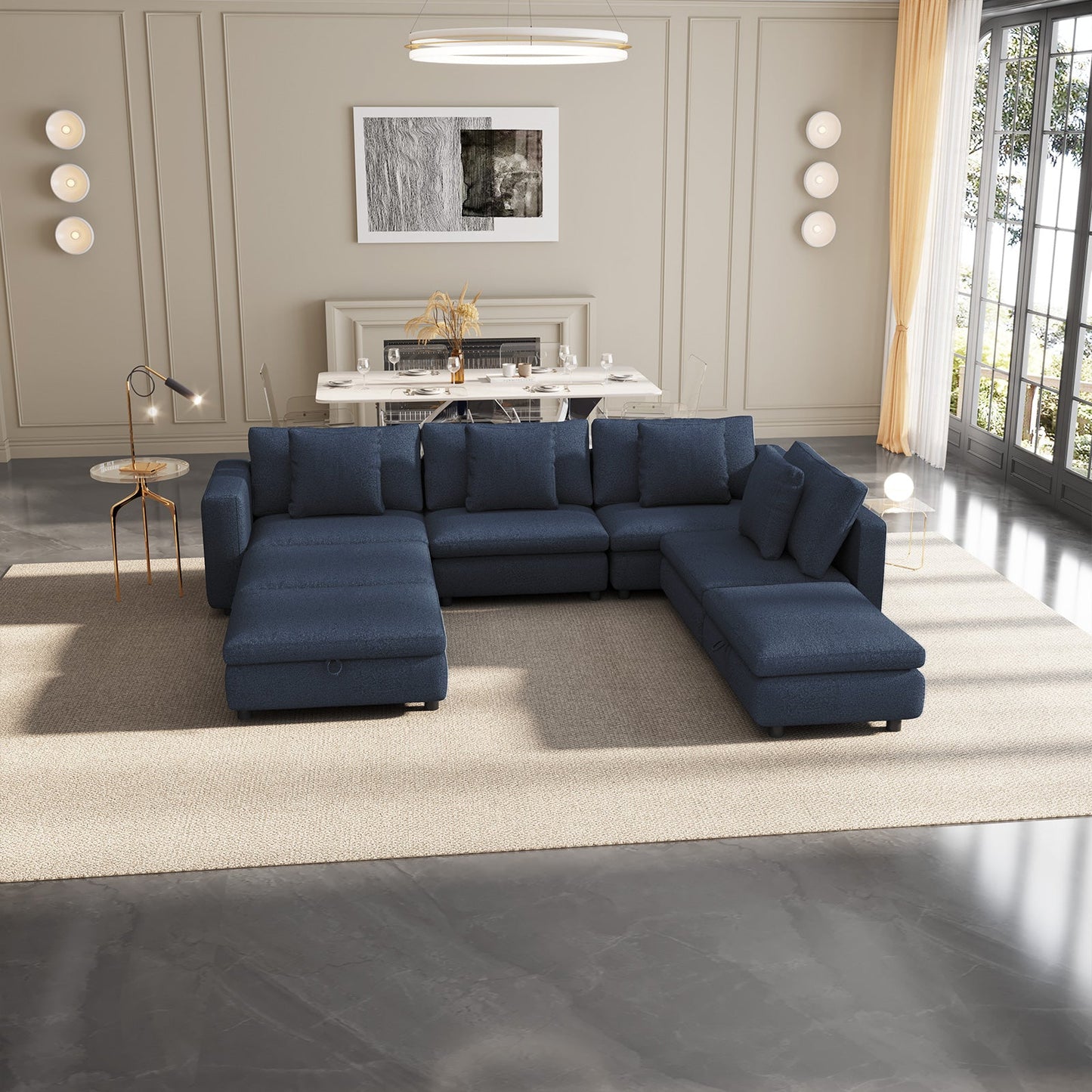 Guyii Oversized Sectional Sofa with Storage Ottoman, 4-9 Deep Seat Modular Couch for Living Room, Blue Fabric