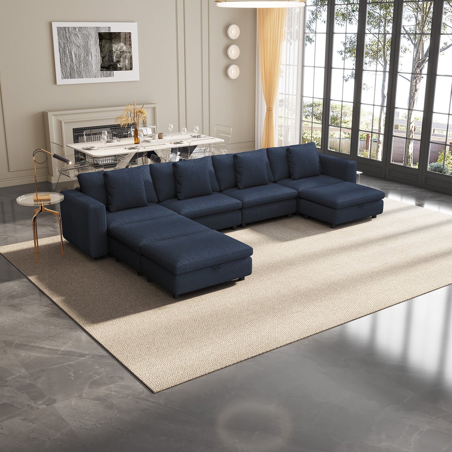 Guyii Oversized Sectional Sofa with Storage Ottoman, 4-9 Deep Seat Modular Couch for Living Room, Blue Fabric