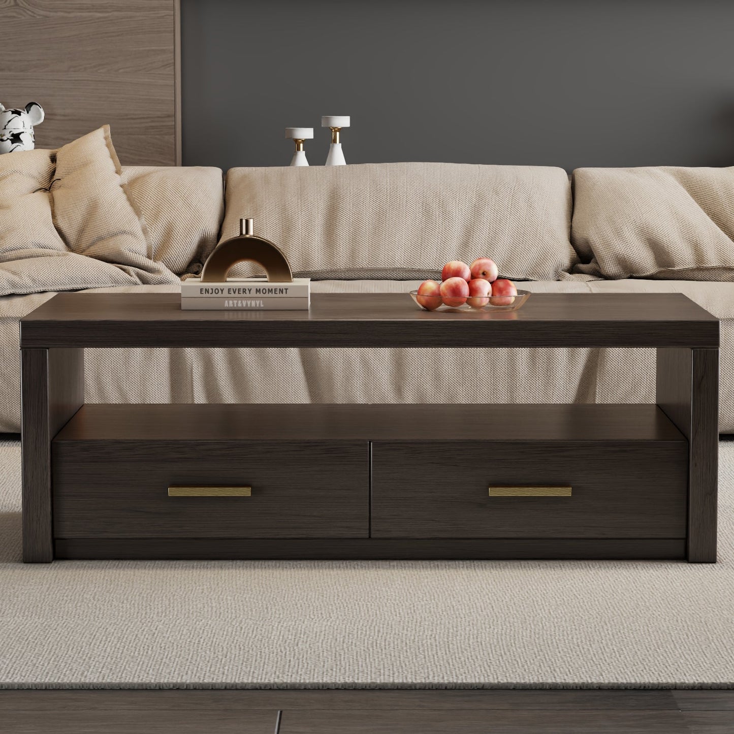 Guyii Walnut Brown Coffee Table with Storage, 47", 2 Drawers & Open Shelf