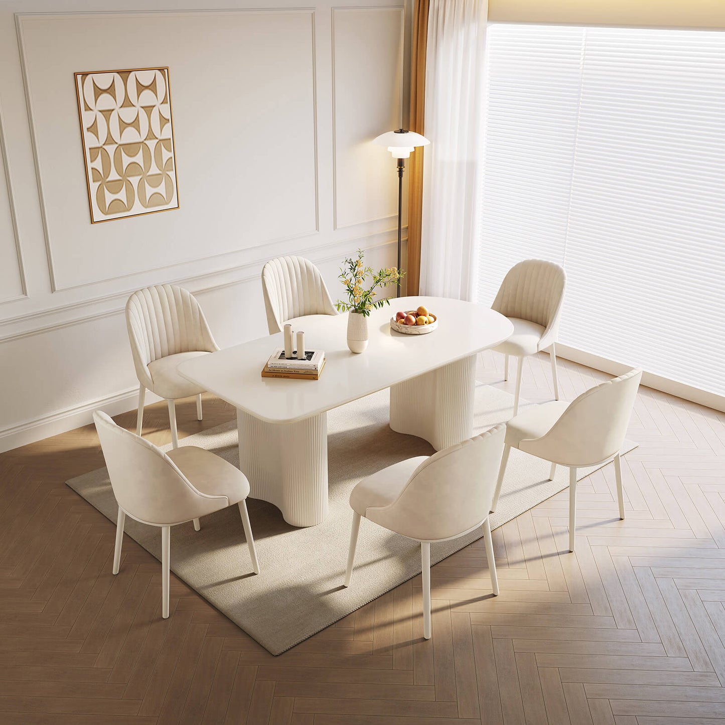 Guyii 62.99" White Dining Table Set with 6 Chairs, Modern Kitchen Table Set