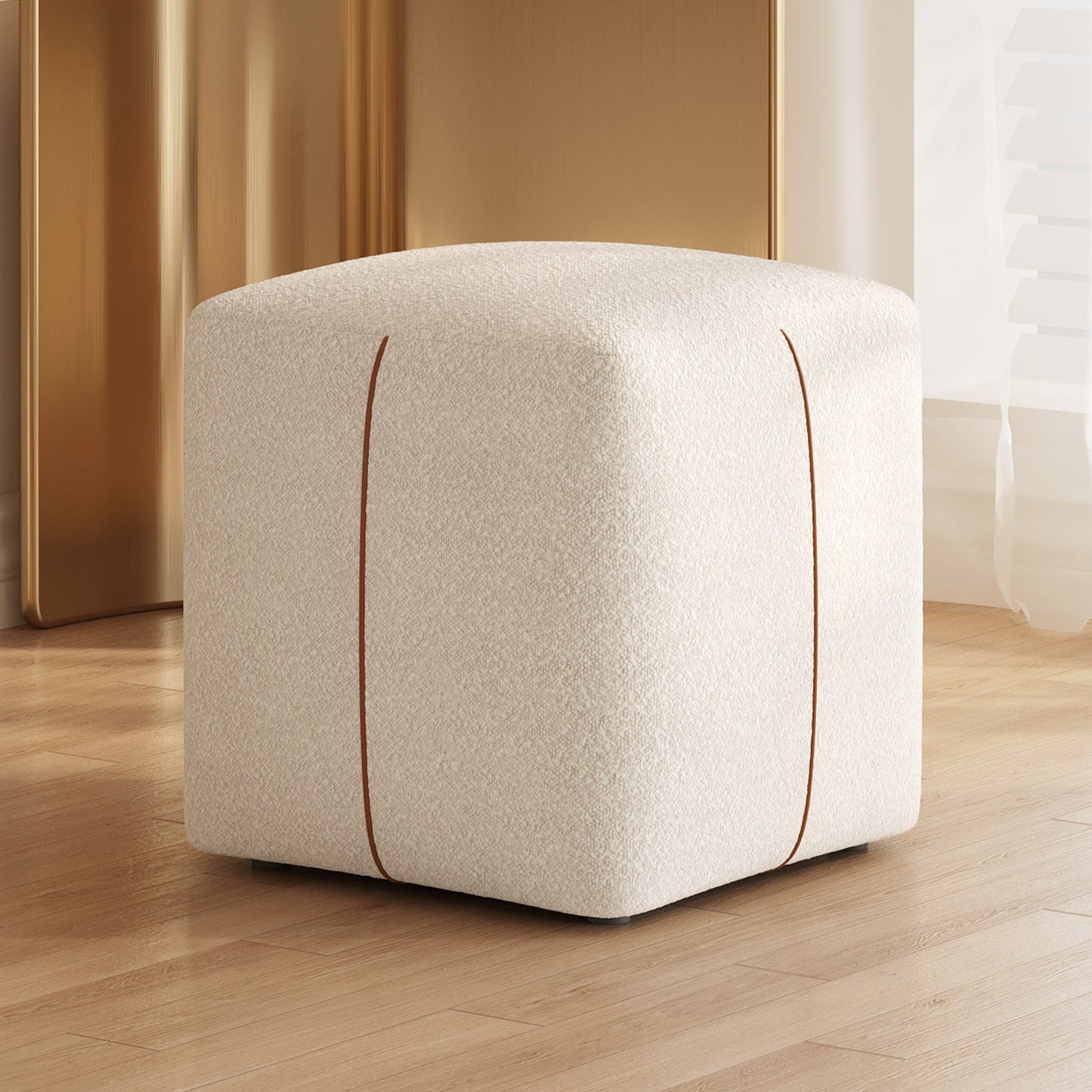 Guyii Beige Square Stool – Modern Upholstered Low Ottoman for Bedroom, Living Room, Entryway