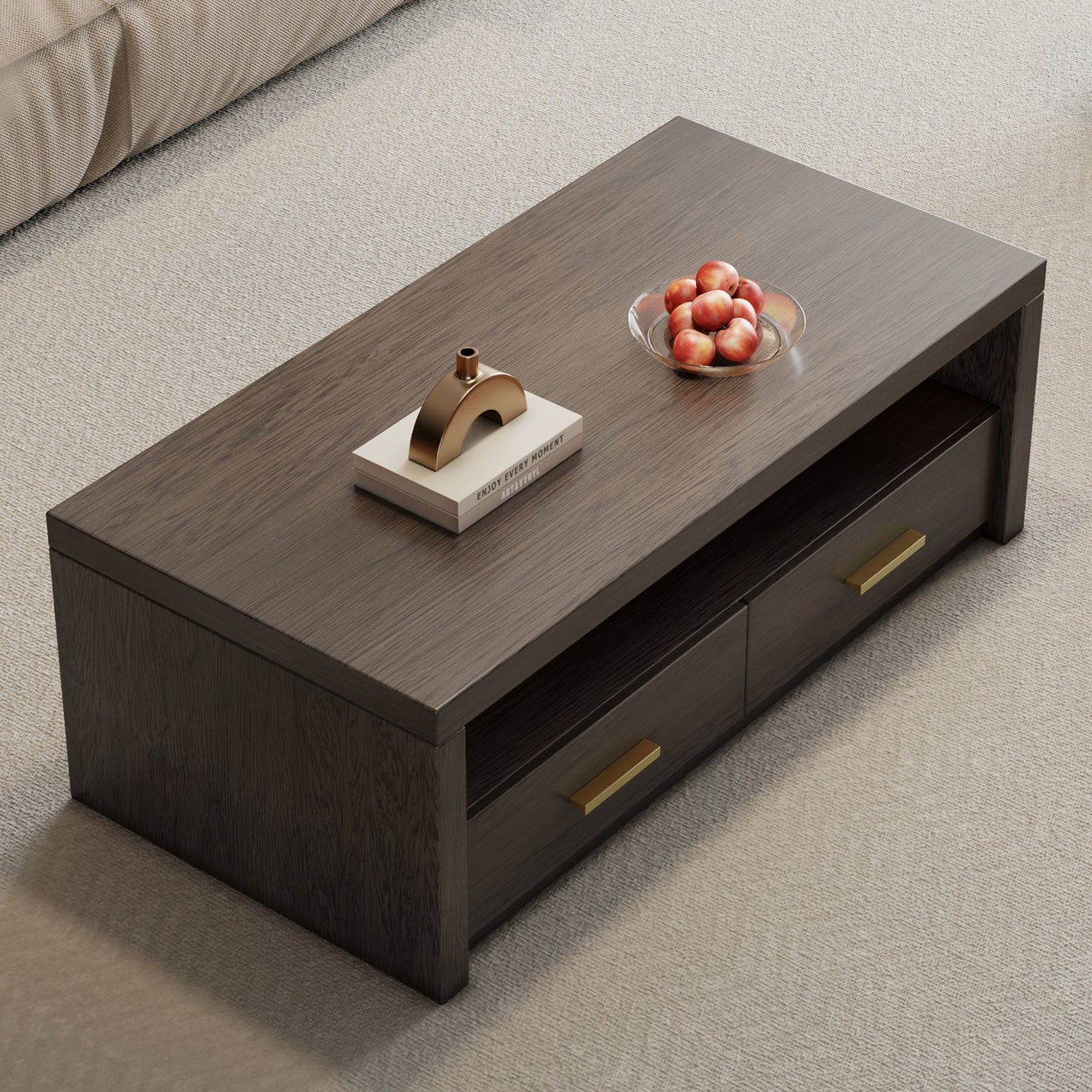 Guyii Walnut Brown Coffee Table with Storage, 47", 2 Drawers & Open Shelf