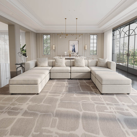 Guyii Beige Velvet Sectional Sofa, Modern Oversized 8-Seater Couch with 4 Pillows and 4 Storage Ottomans