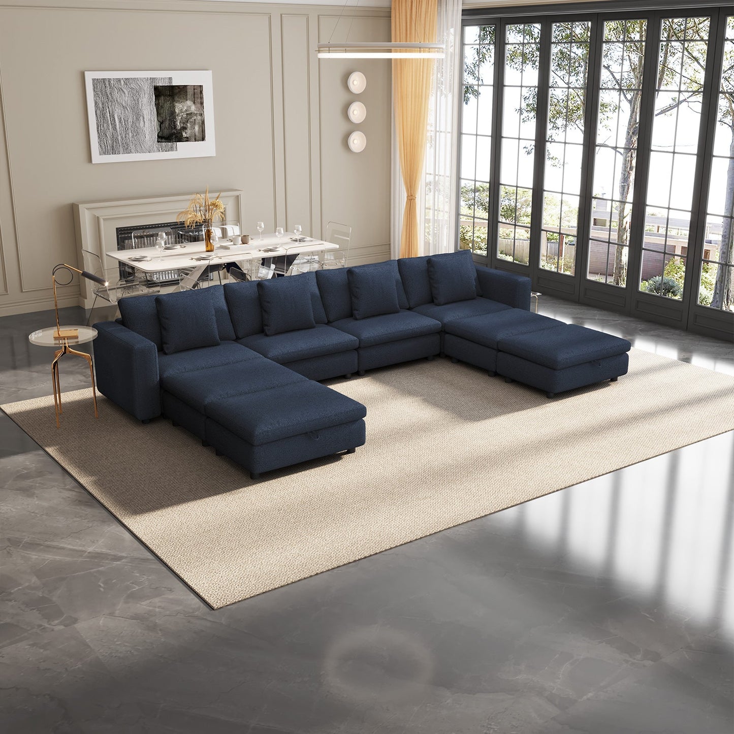 Guyii Oversized Sectional Sofa with Storage Ottoman, 4-9 Deep Seat Modular Couch for Living Room, Blue Fabric