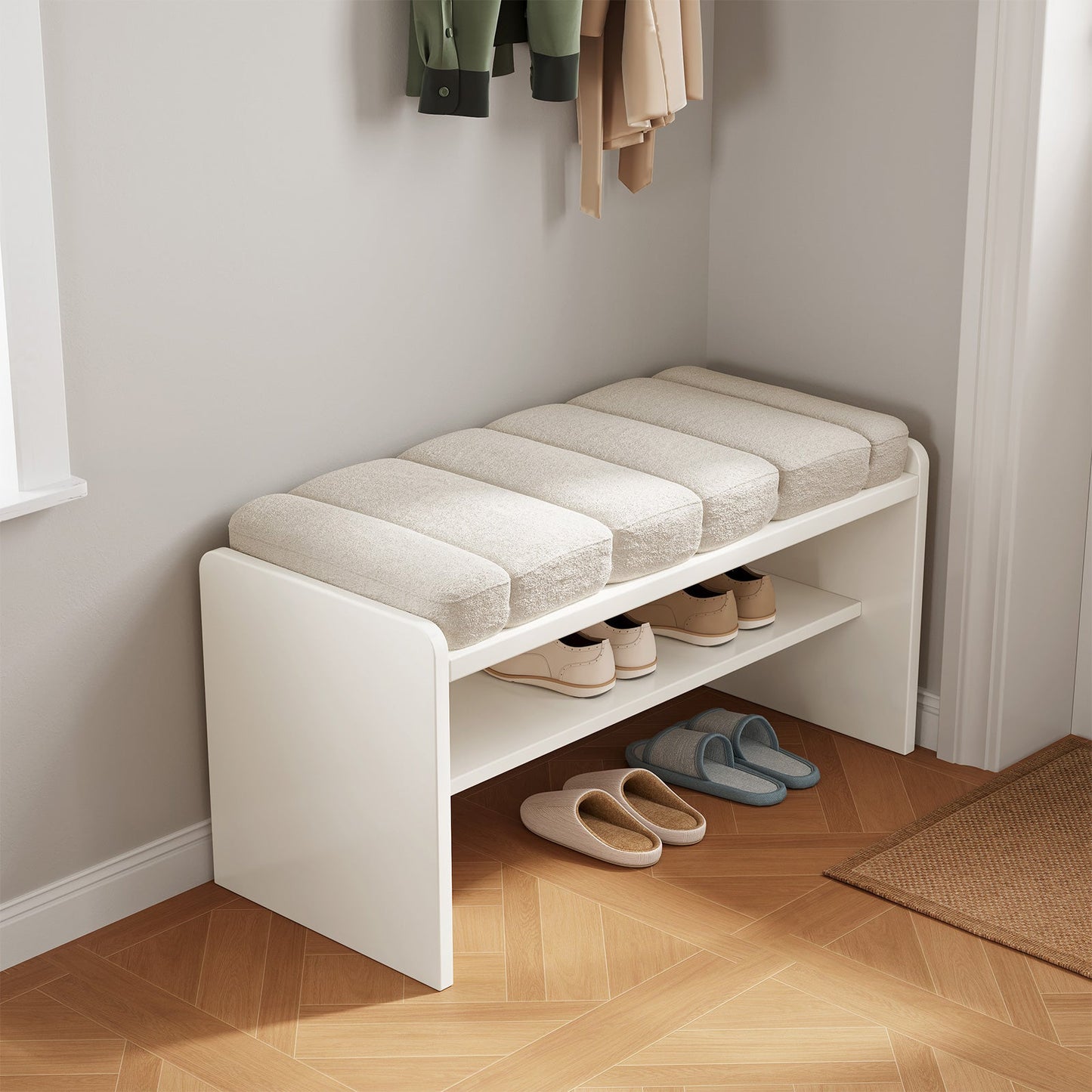 Guyii Cream White Shoe Bench with Storage – Modern Entryway Stool with Padded Seat for Bedroom, Hallway, Living Room