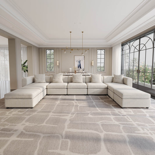 Guyii Beige Velvet Sectional Sofa, Oversized 9-Seater Couch with 5 Pillows and 4 Storage Ottomans
