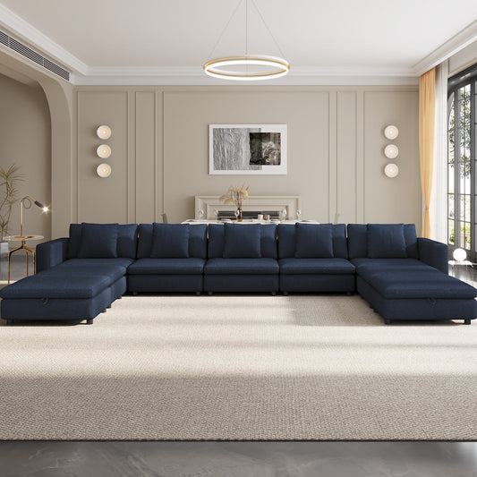 Guyii Oversized Sectional Sofa with Storage Ottoman, 4-9 Deep Seat Modular Couch for Living Room, Blue Fabric