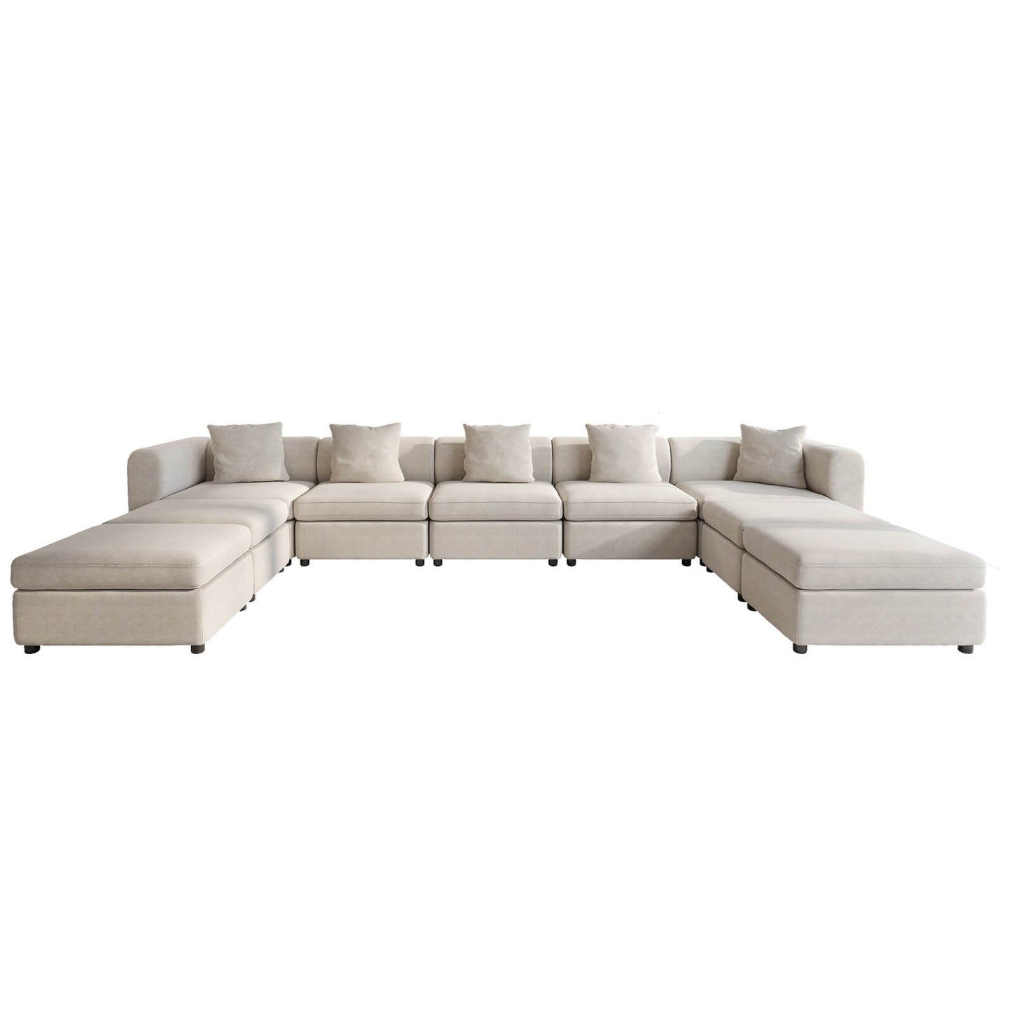 Guyii Beige Velvet Sectional Sofa, Oversized 9-Seater Couch with 5 Pillows and 4 Storage Ottomans