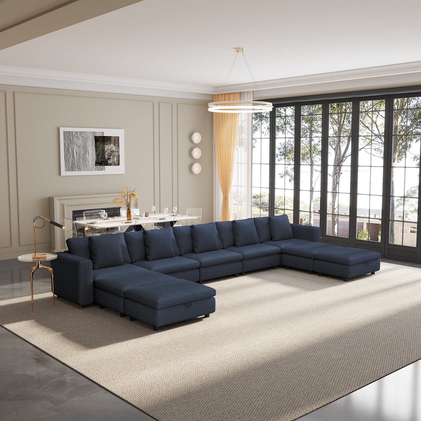Guyii Oversized Sectional Sofa with Storage Ottoman, 4-9 Deep Seat Modular Couch for Living Room, Blue Fabric