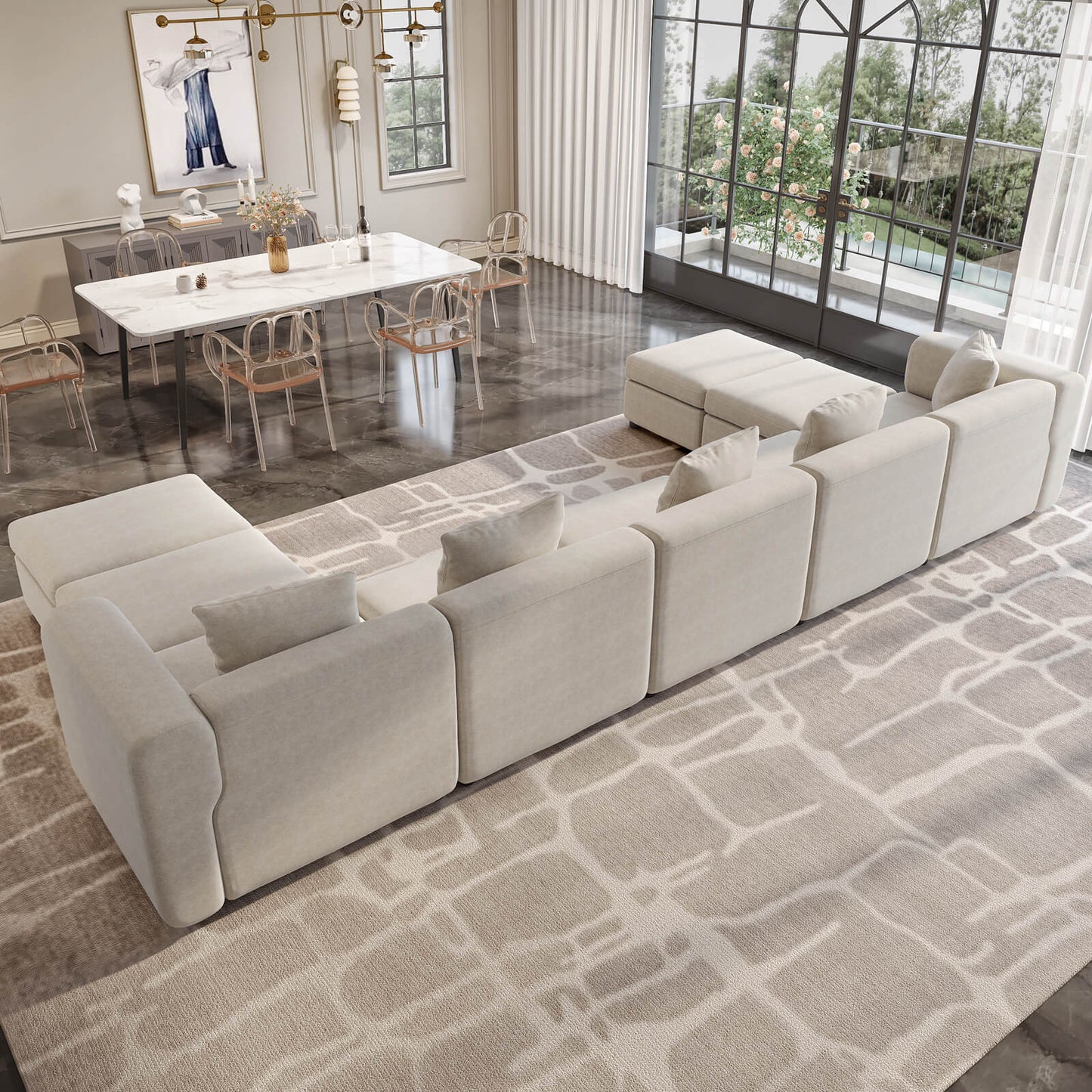 Guyii Beige Velvet Sectional Sofa, Oversized 9-Seater Couch with 5 Pillows and 4 Storage Ottomans