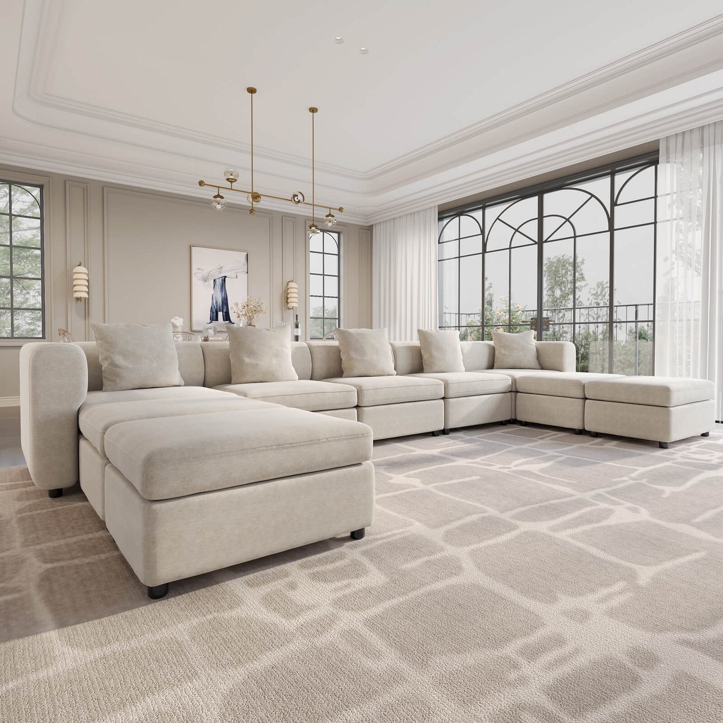 Guyii Beige Velvet Sectional Sofa, Oversized 9-Seater Couch with 5 Pillows and 4 Storage Ottomans