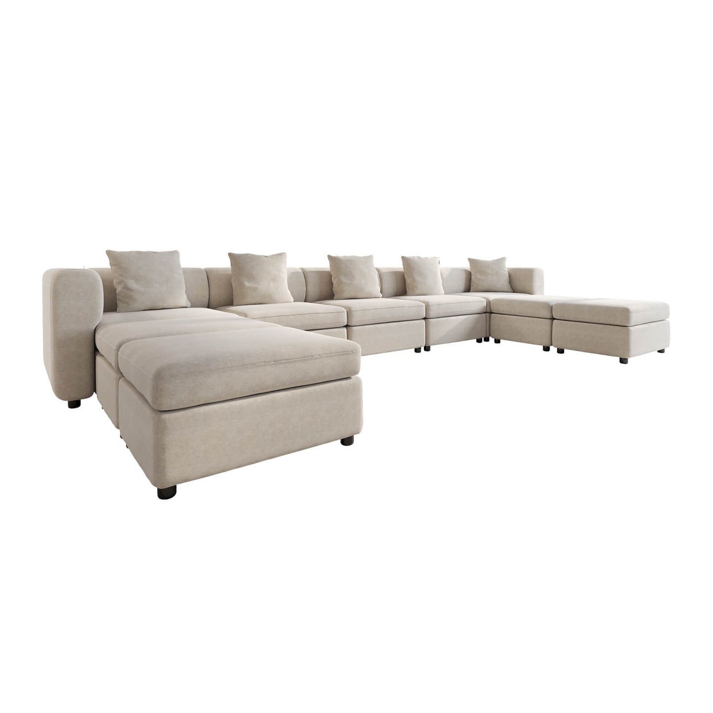 Guyii Beige Velvet Sectional Sofa, Oversized 9-Seater Couch with 5 Pillows and 4 Storage Ottomans