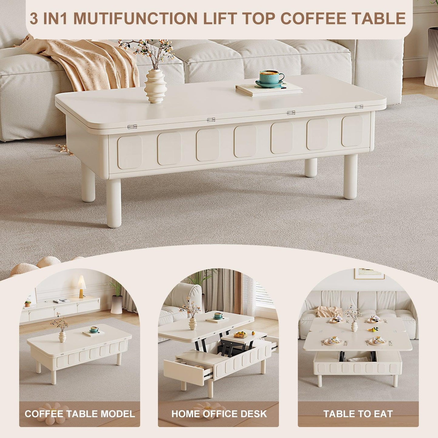 Guyii Extendable Coffee Table, 3-in-1 Multifunctional Lift Top Center Table
