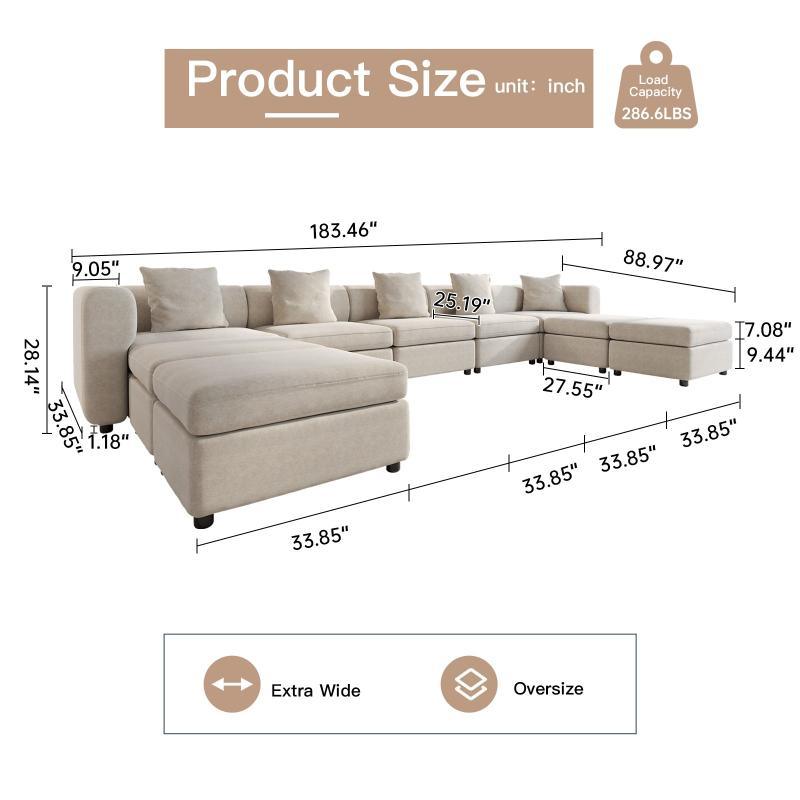 Guyii Velvet Sectional Sofa, Modern Oversized 4-9 Seater with Pillows and Storage Footstool