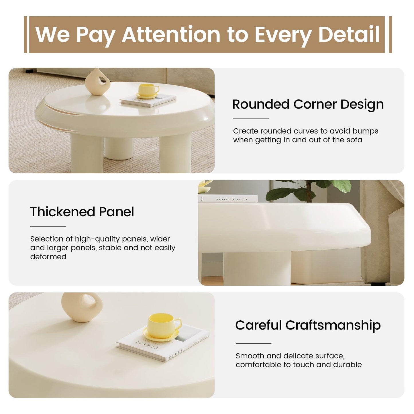 Guyii Cream White Round Coffee Table, Modern Living Room Center Table