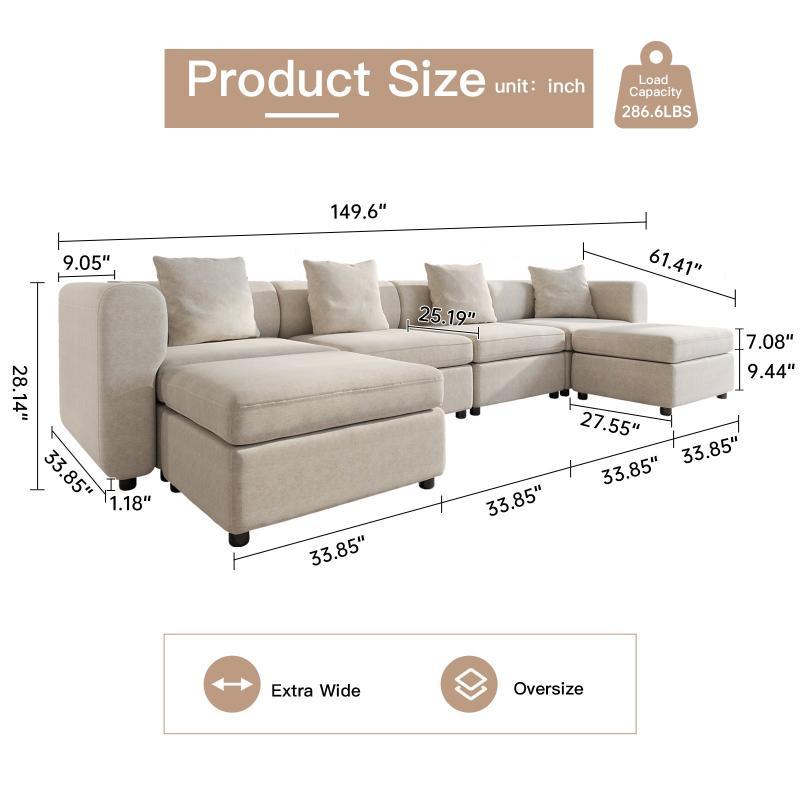 Guyii Velvet Sectional Sofa, Modern Oversized 4-9 Seater with Pillows and Storage Footstool