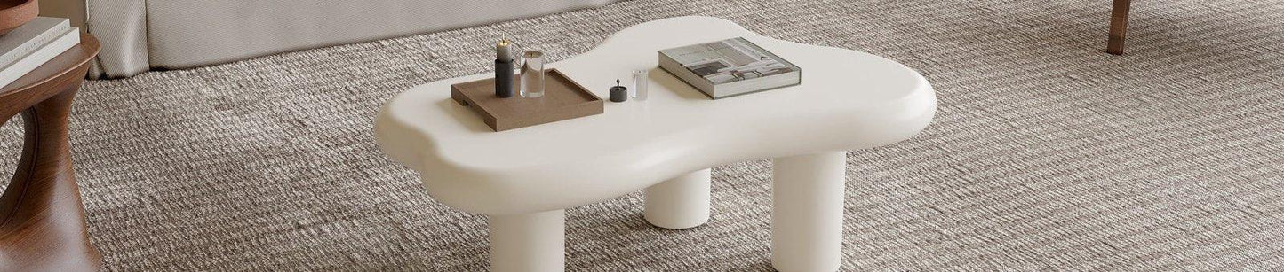 Guyii Irregular-Shaped Coffee Table, 39.37" Cream White Center Table with 3 Legs
