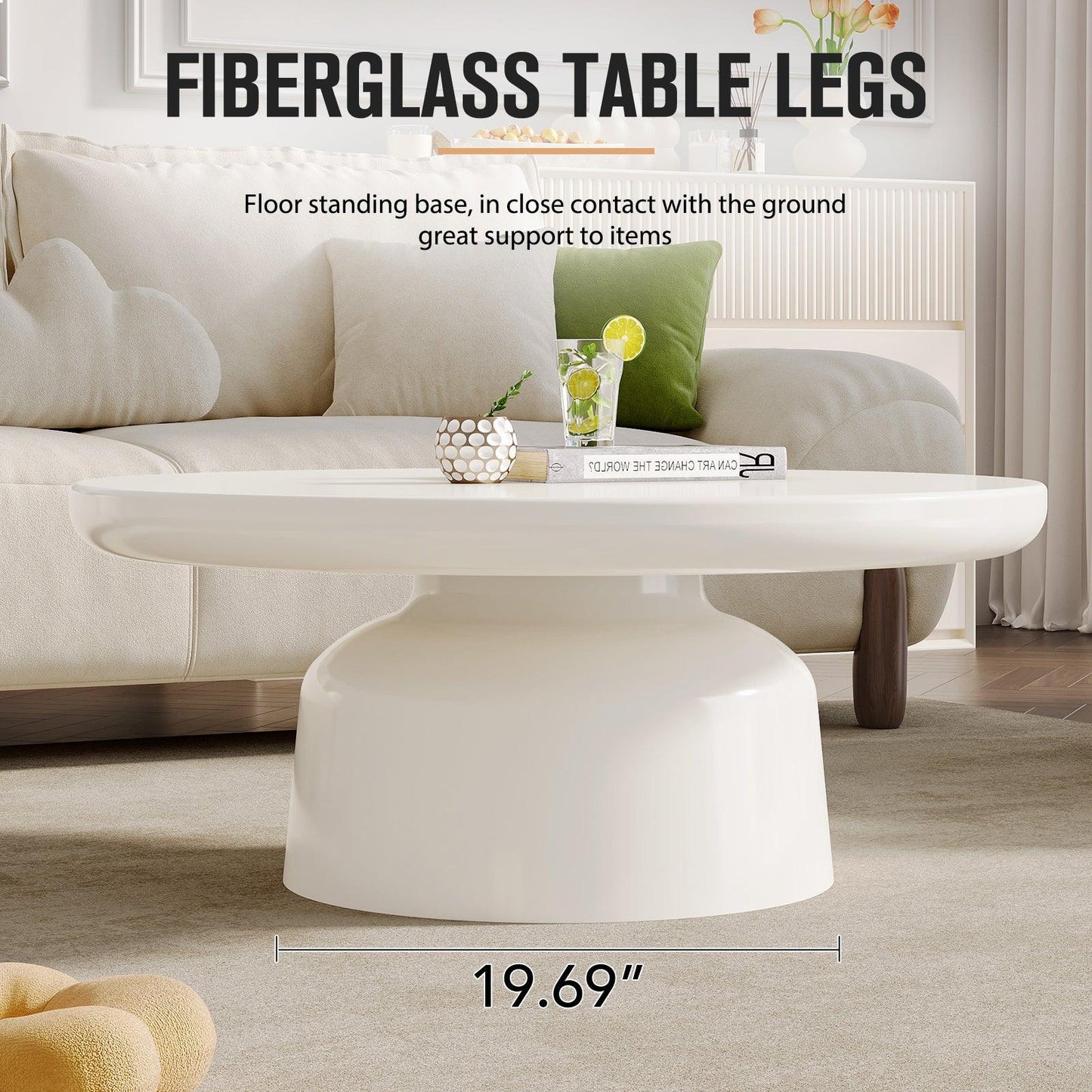 Guyii Round Coffee Table, Creamy White Modern Center Table for Living Room