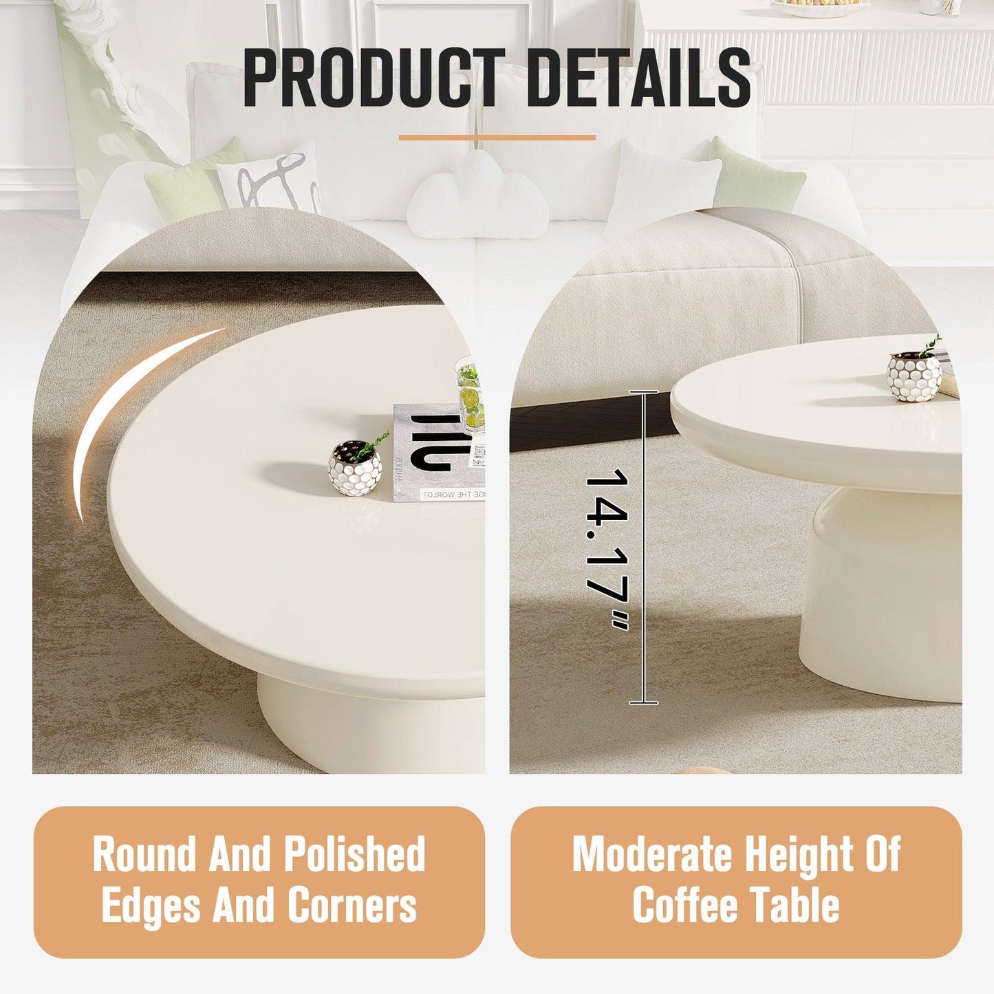 Guyii Round Coffee Table, Creamy White Modern Center Table for Living Room