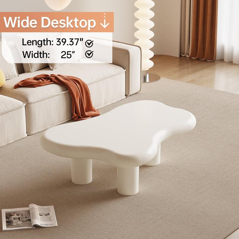 Guyii Irregular-Shaped Coffee Table, 39.37" Cream White Center Table with 3 Legs