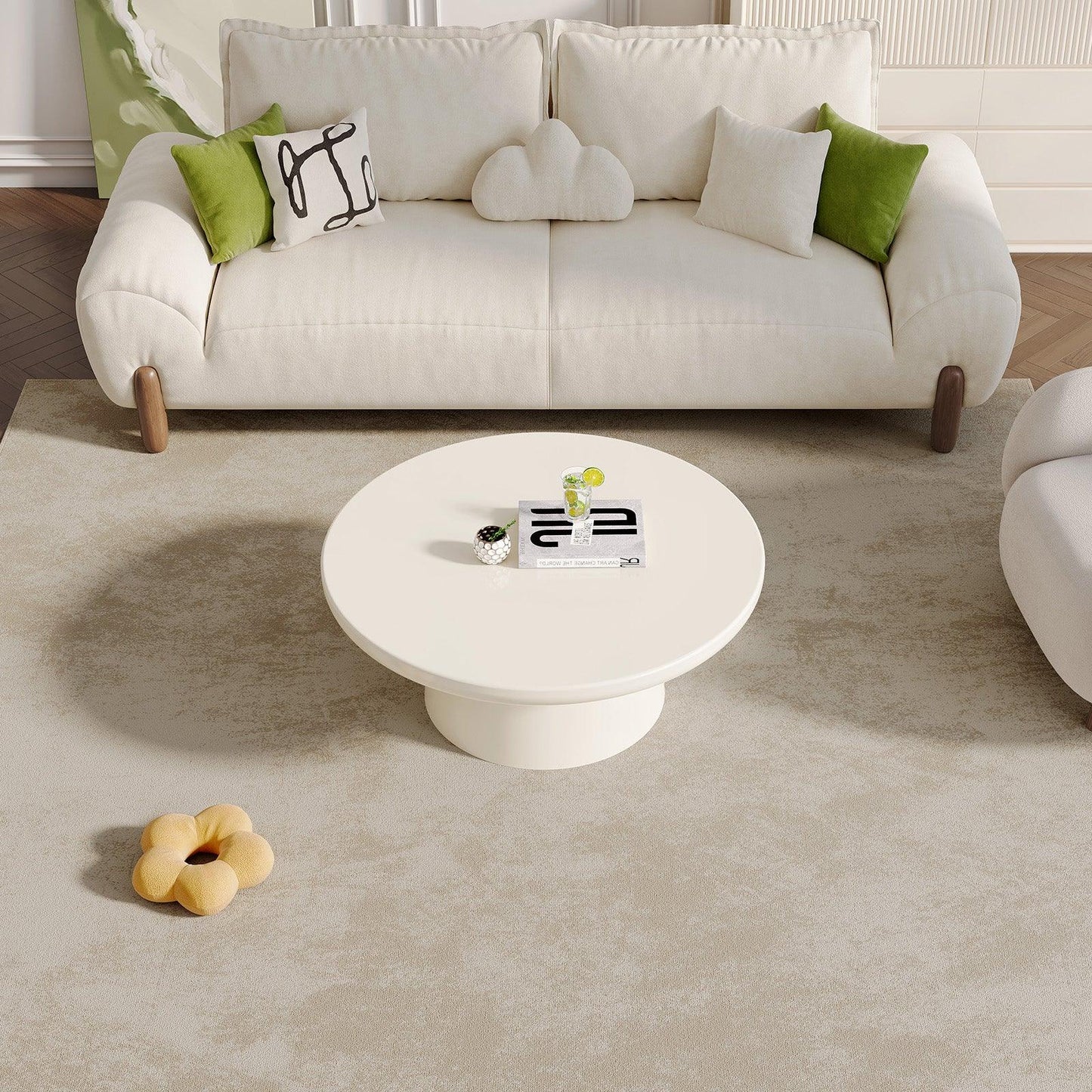 Guyii Round Coffee Table, Creamy White Modern Center Table for Living Room