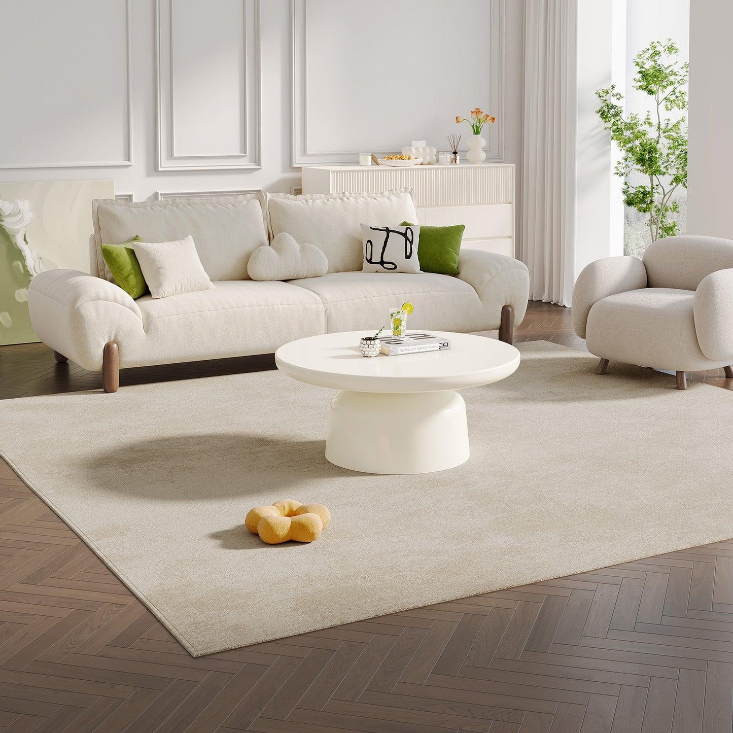 Guyii Round Coffee Table, Creamy White Modern Center Table for Living Room