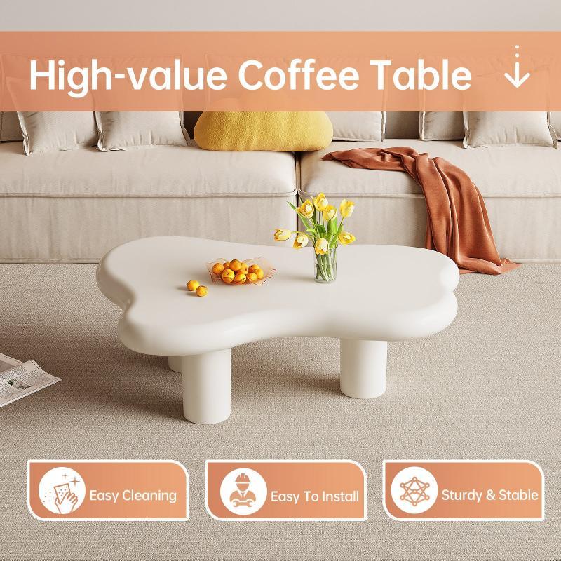 Guyii Irregular-Shaped Coffee Table, 39.37" Cream White Center Table with 3 Legs