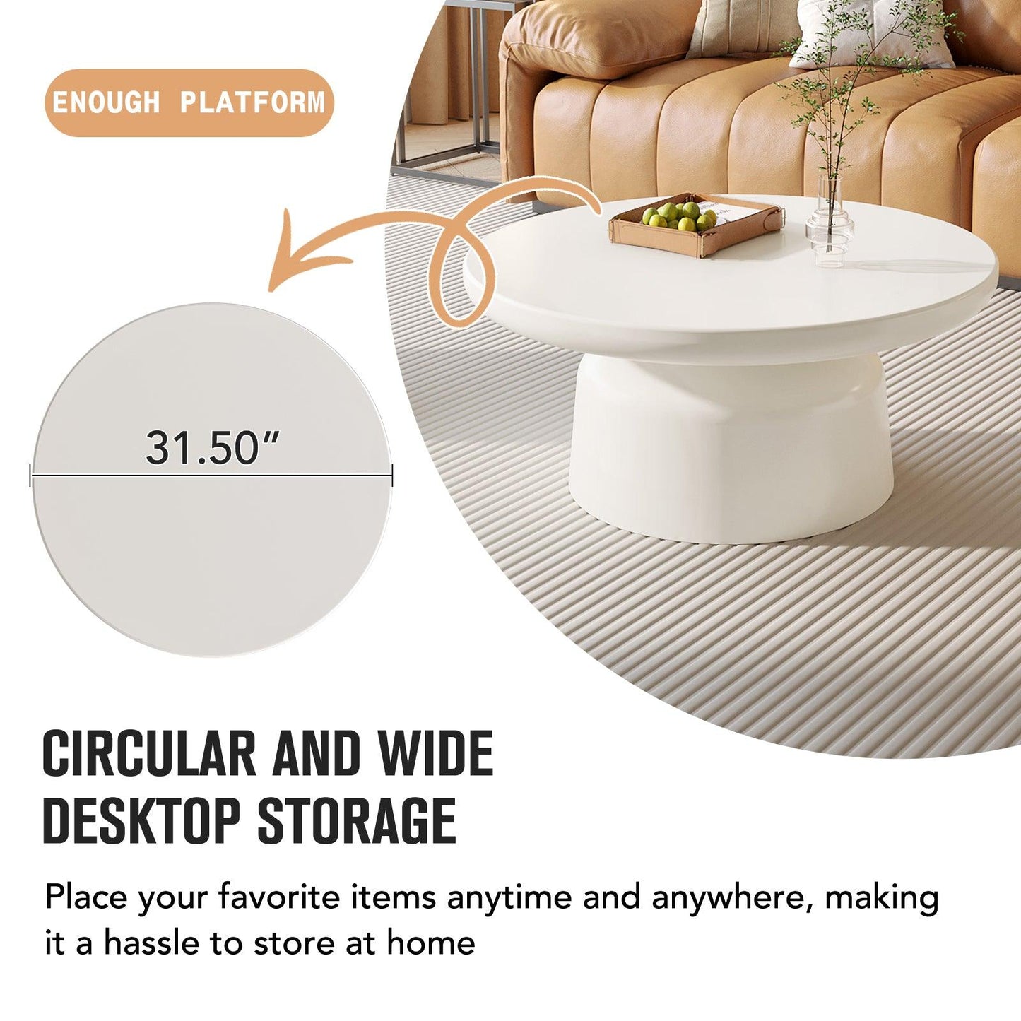 Guyii Round Coffee Table, Creamy White Modern Center Table for Living Room