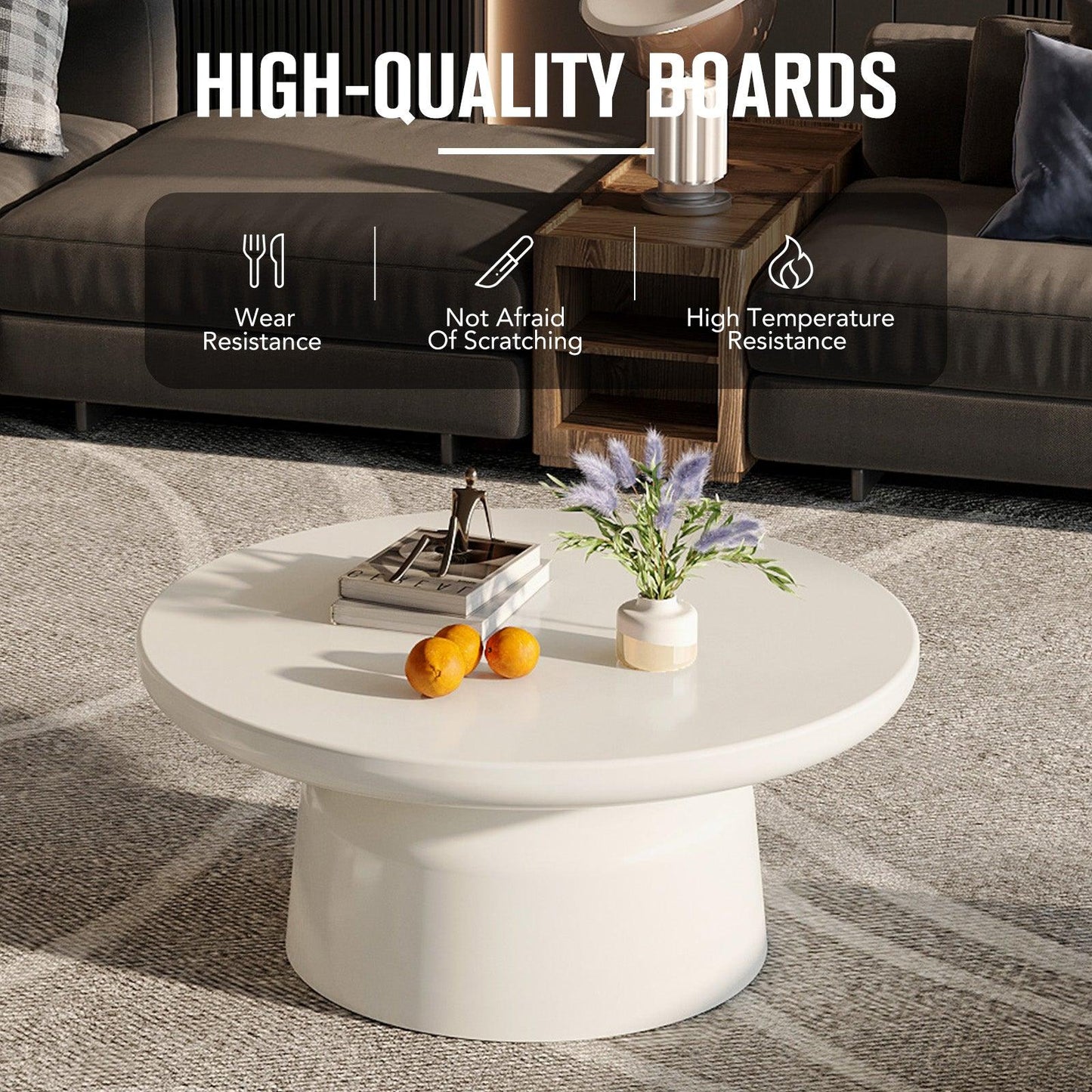 Guyii Round Coffee Table, Creamy White Modern Center Table for Living Room