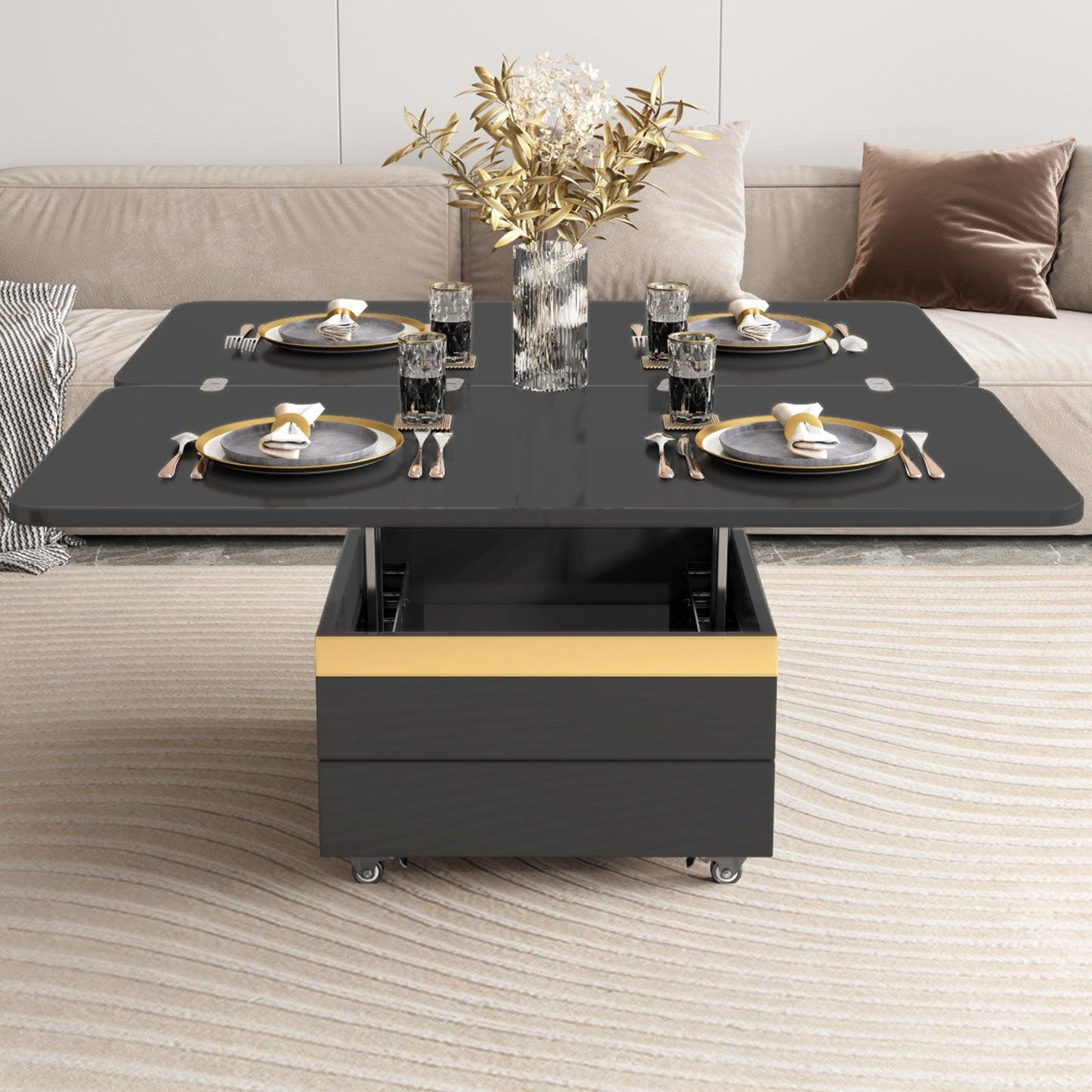 Guyii 47" Multifunctional Lift Top Coffee Table, Extendable Coffee Table with 4 Storage Stools