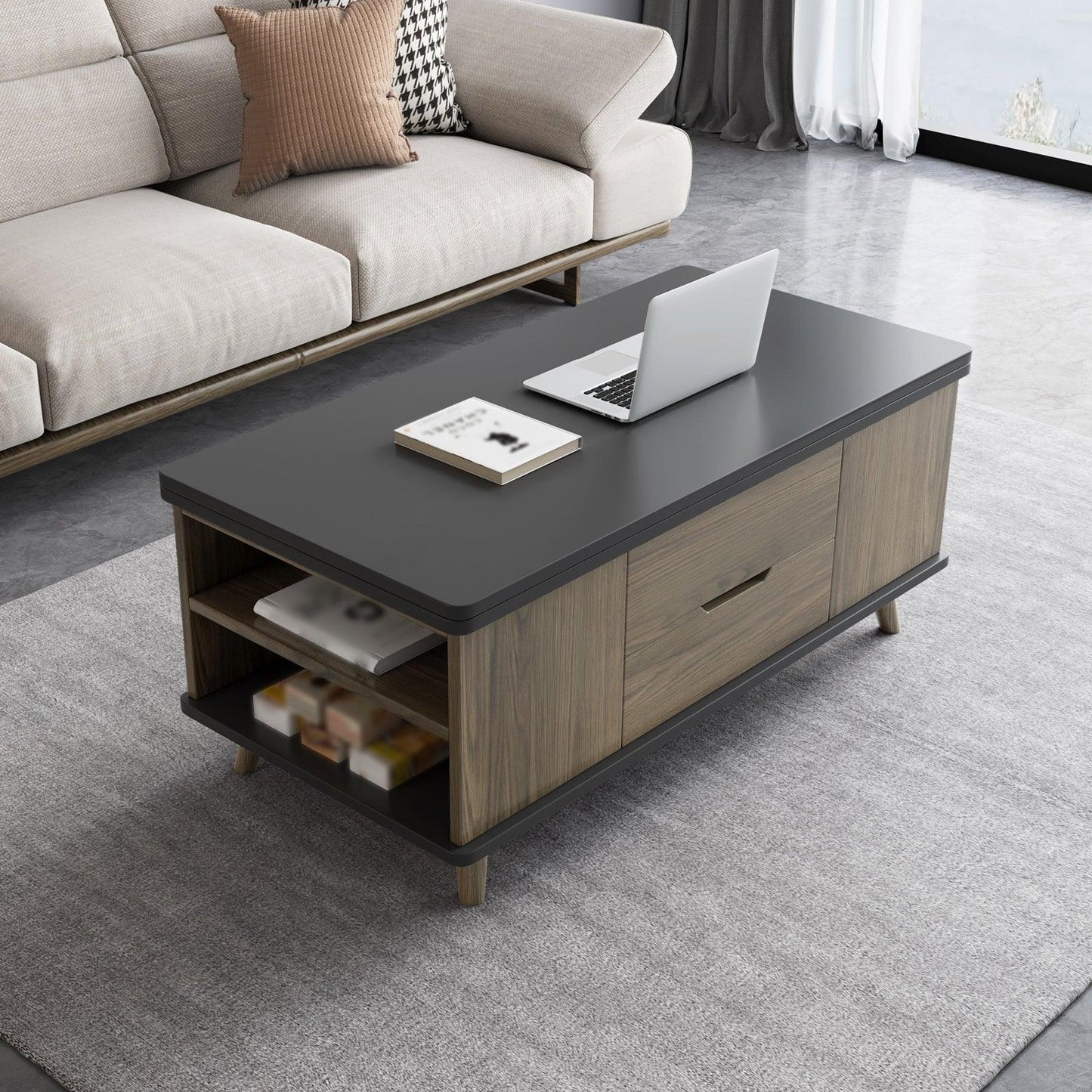Guyii 39" Lift Top Coffee Table with Hidden Storage and 4 Stools, Modern Multifunctional Center Table