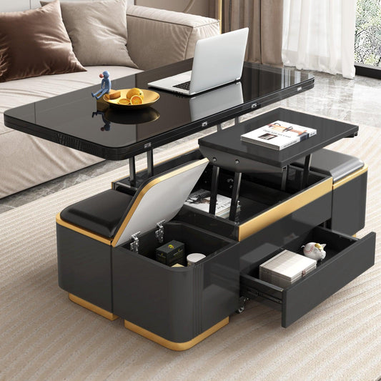 Guyii 47" Multifunctional Lift Top Coffee Table, Extendable Coffee Table with 4 Storage Stools