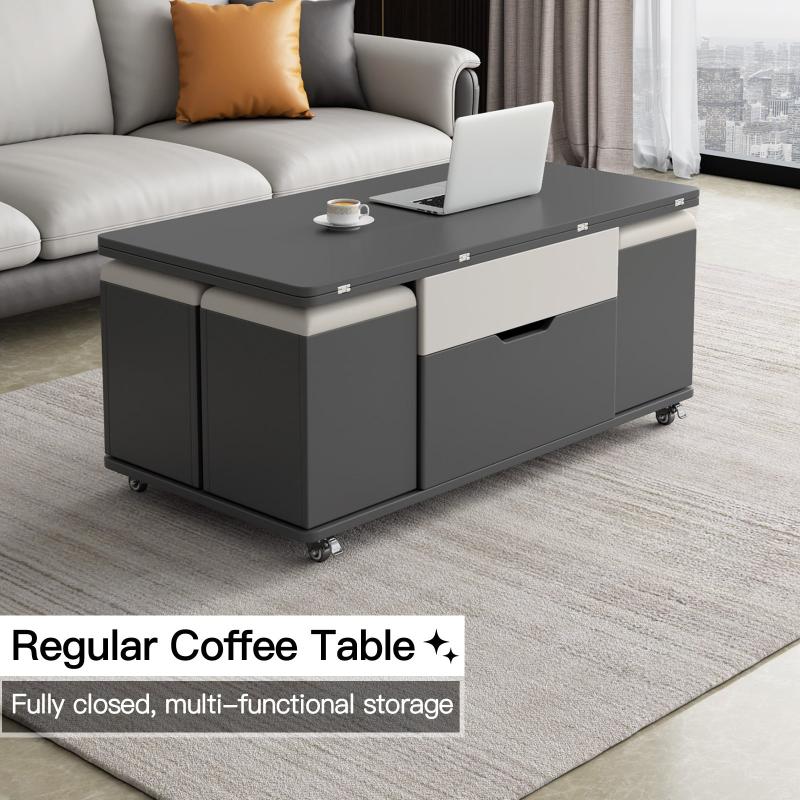 Guyii 47.24" Lift Top Coffee Table with 4 Storage Stools, Expandable Dining Table for Living Room