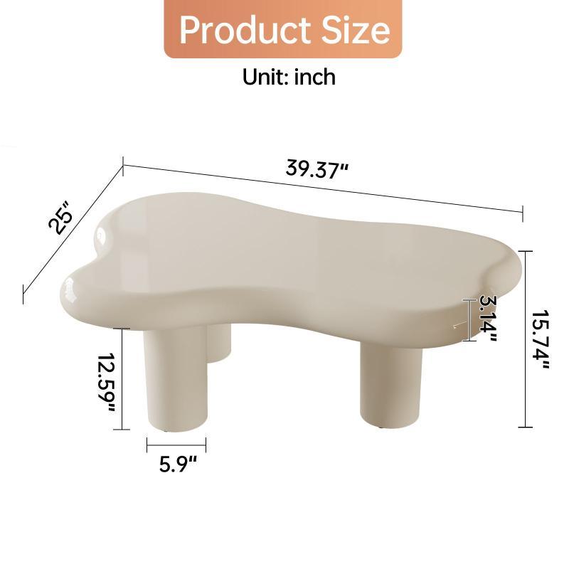 Guyii Irregular-Shaped Coffee Table, 39.37" Cream White Center Table with 3 Legs