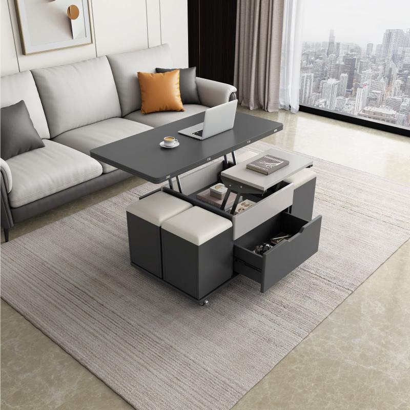 Guyii 47.24" Lift Top Coffee Table with 4 Storage Stools, Expandable Dining Table for Living Room