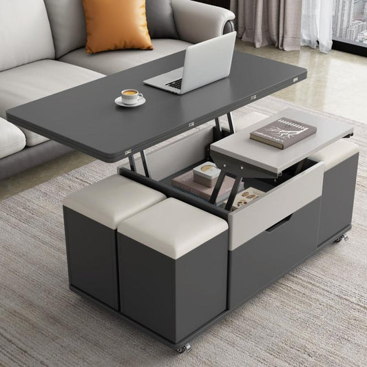 Guyii 47.24" Lift Top Coffee Table with 4 Storage Stools, Expandable Dining Table for Living Room