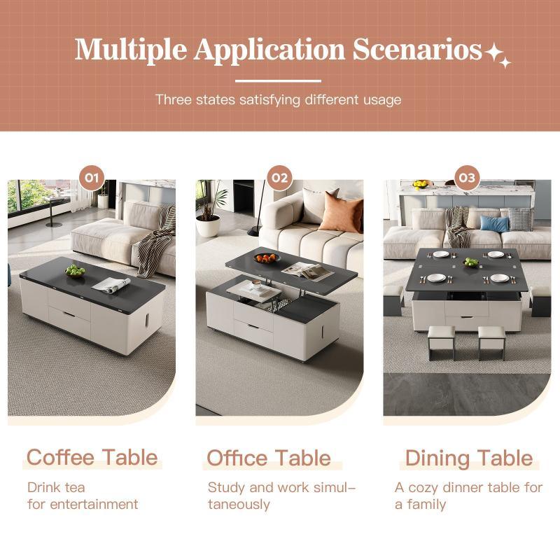 Guyii 47.24” Lift Top Coffee Table with 4 Stools, 3-in-1 Multi-Function Modern Center Table