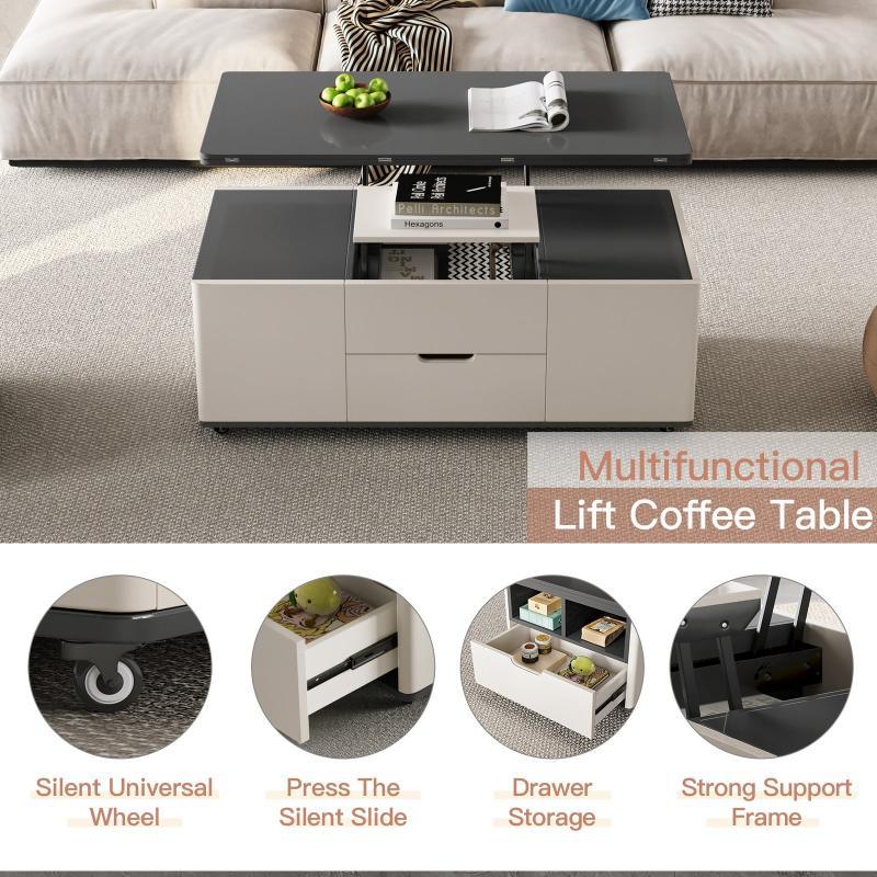 Guyii 47.24” Lift Top Coffee Table with 4 Stools, 3-in-1 Multi-Function Modern Center Table