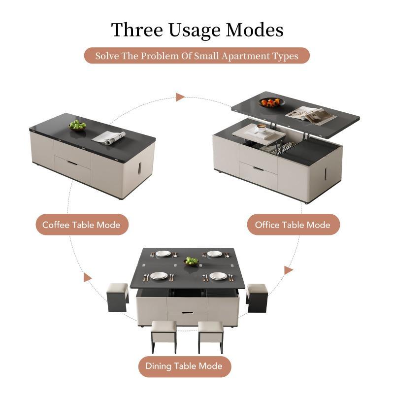 Guyii 47.24” Lift Top Coffee Table with 4 Stools, 3-in-1 Multi-Function Modern Center Table
