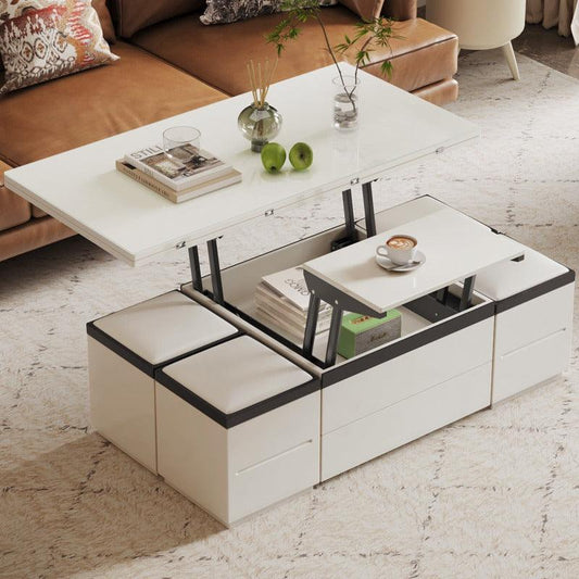 Guyii 47" White Lift Top Coffee Table with 4 Stools, Modern Convertible Coffee to Dining Table