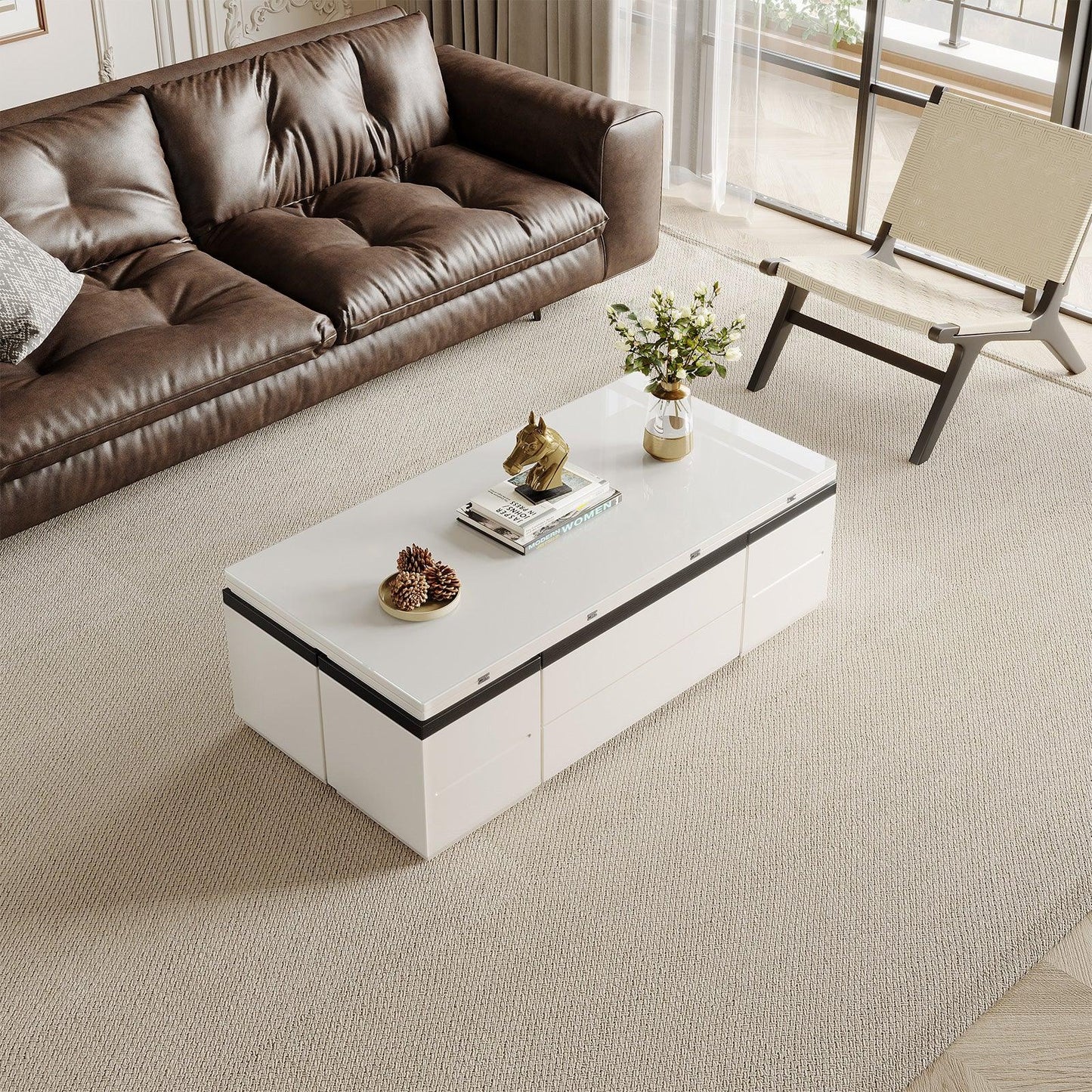 Guyii 47" White Lift Top Coffee Table with 4 Stools, Modern Convertible Coffee to Dining Table