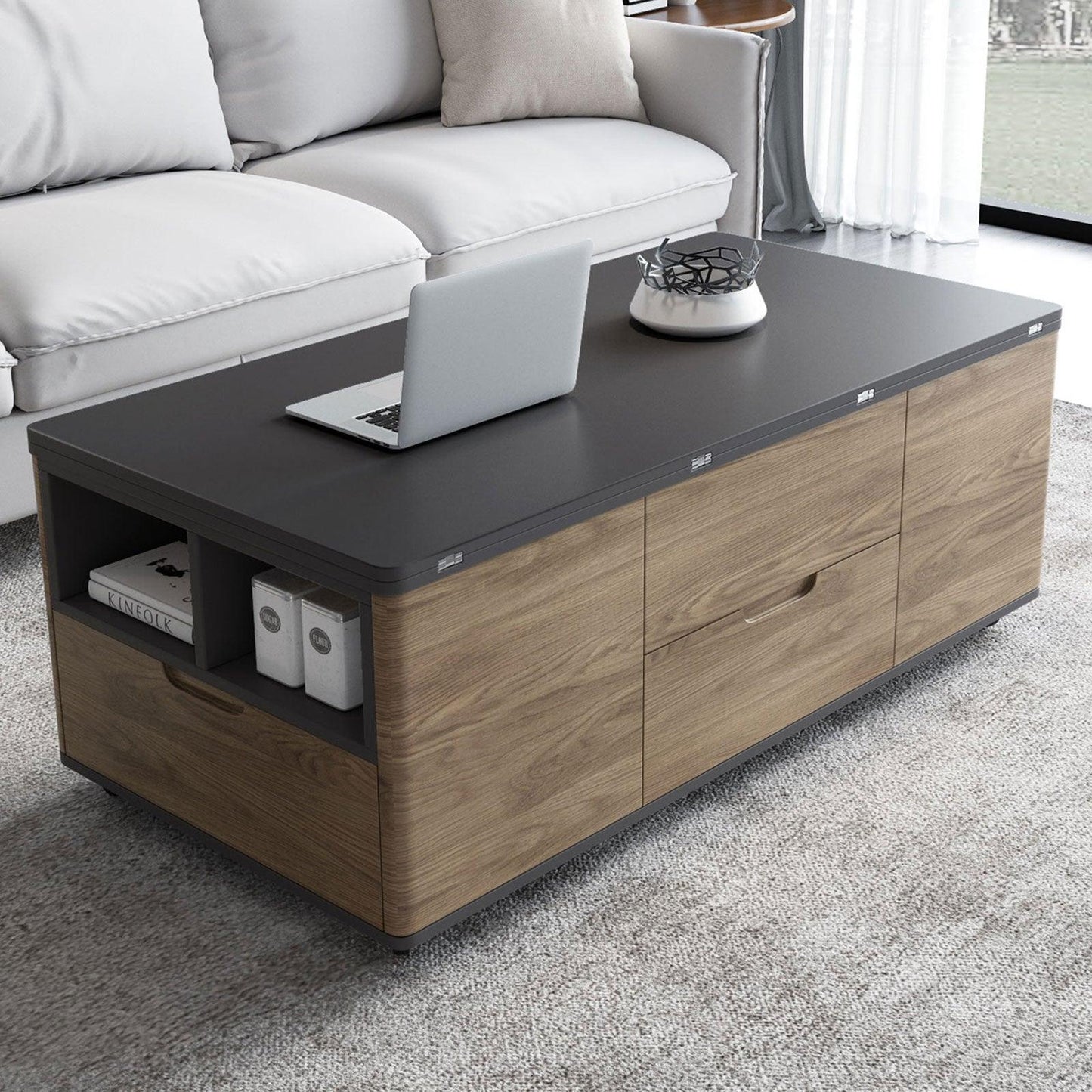 Guyii 47“ Multifunctional Lift-Top Coffee Table with 4 Stools, 3-in-1 Center Table
