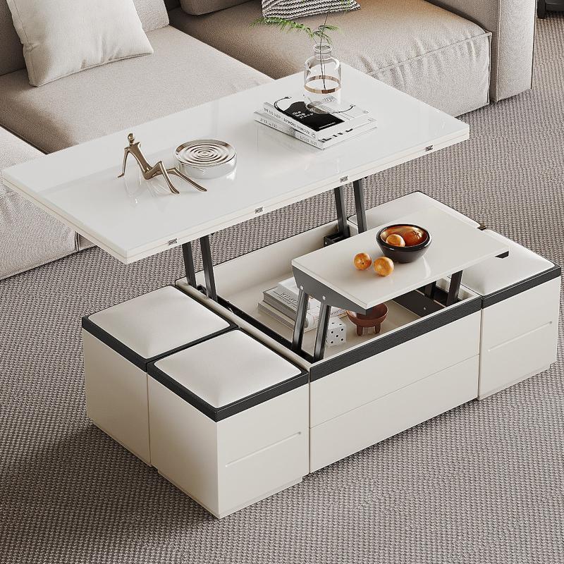 Guyii 47" White Lift Top Coffee Table with 4 Stools, Modern Convertible Coffee to Dining Table