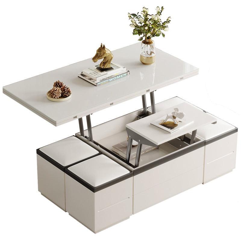Guyii 47" White Lift Top Coffee Table with 4 Stools, Modern Convertible Coffee to Dining Table